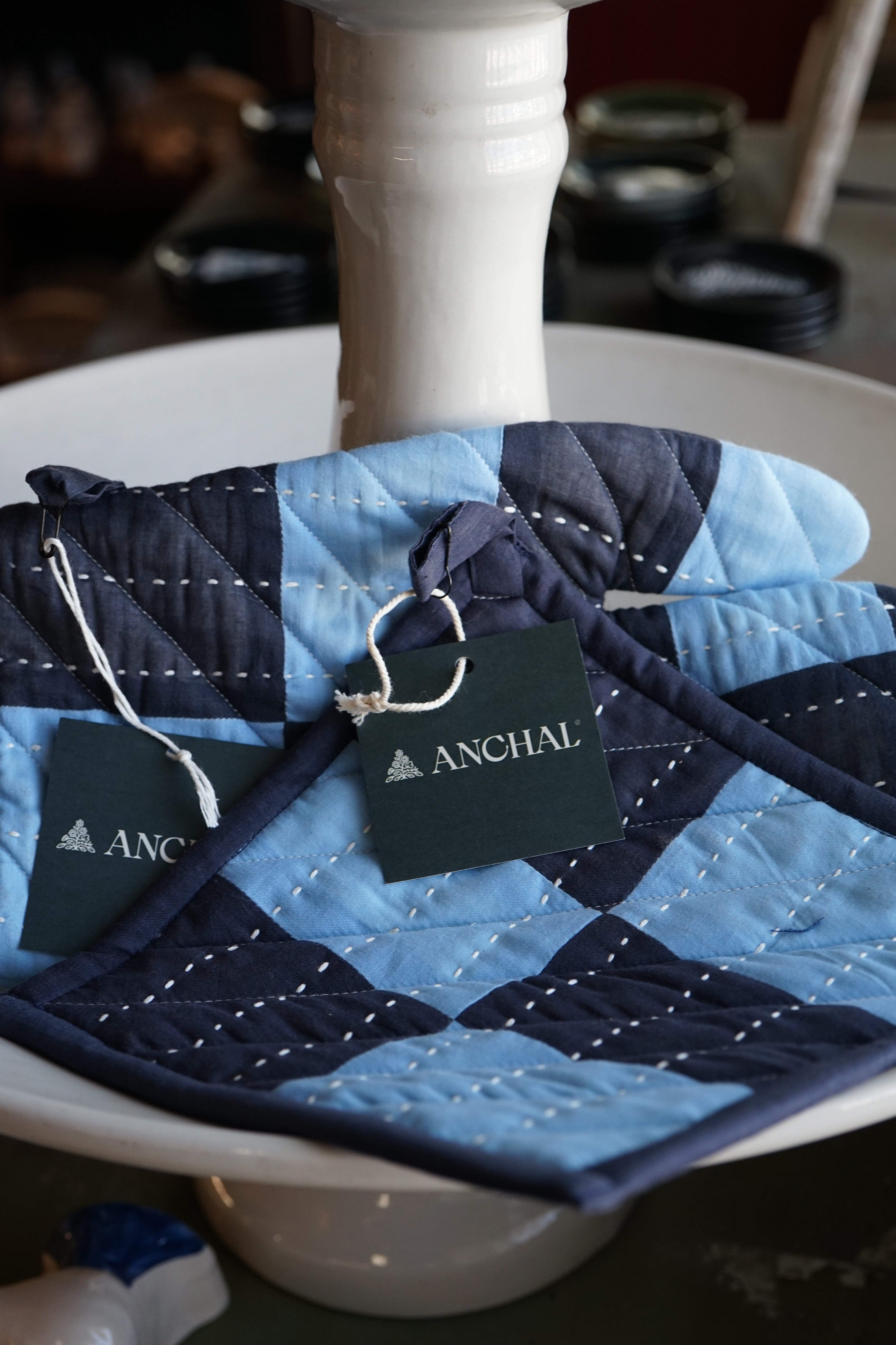 Trellis Colorblock Pot Holder by Anchal - Dusk Blue