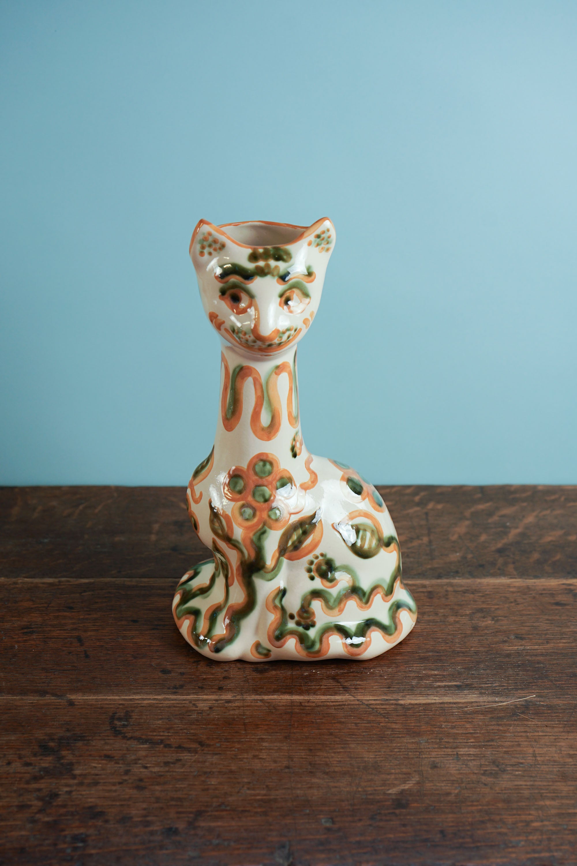 Green & Rust Flower Tall Cat Vase