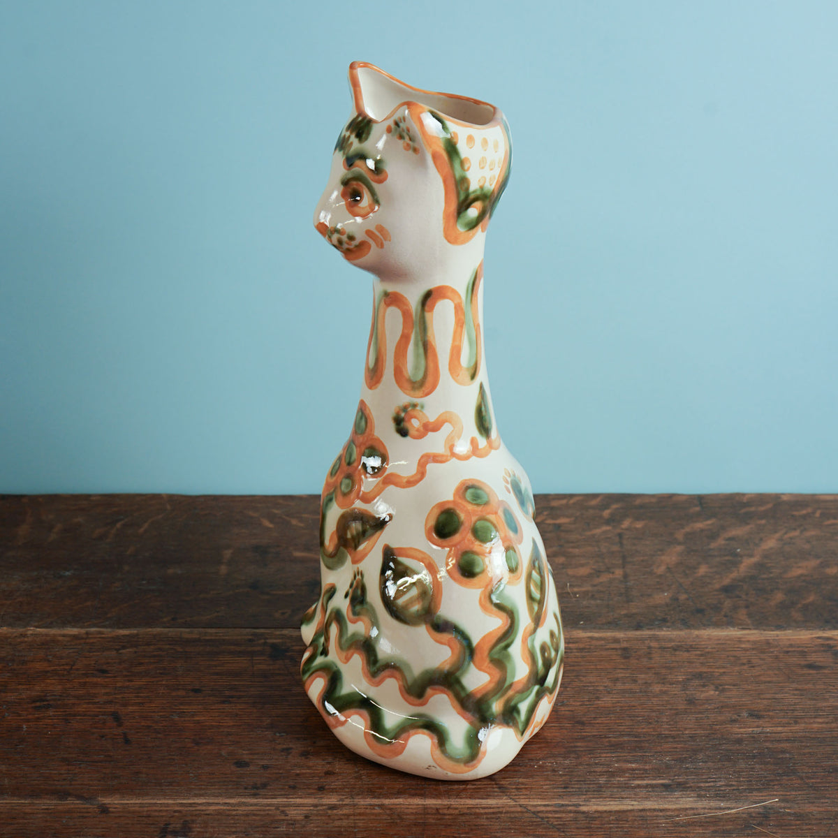 Green & Rust Flower Tall Cat Vase