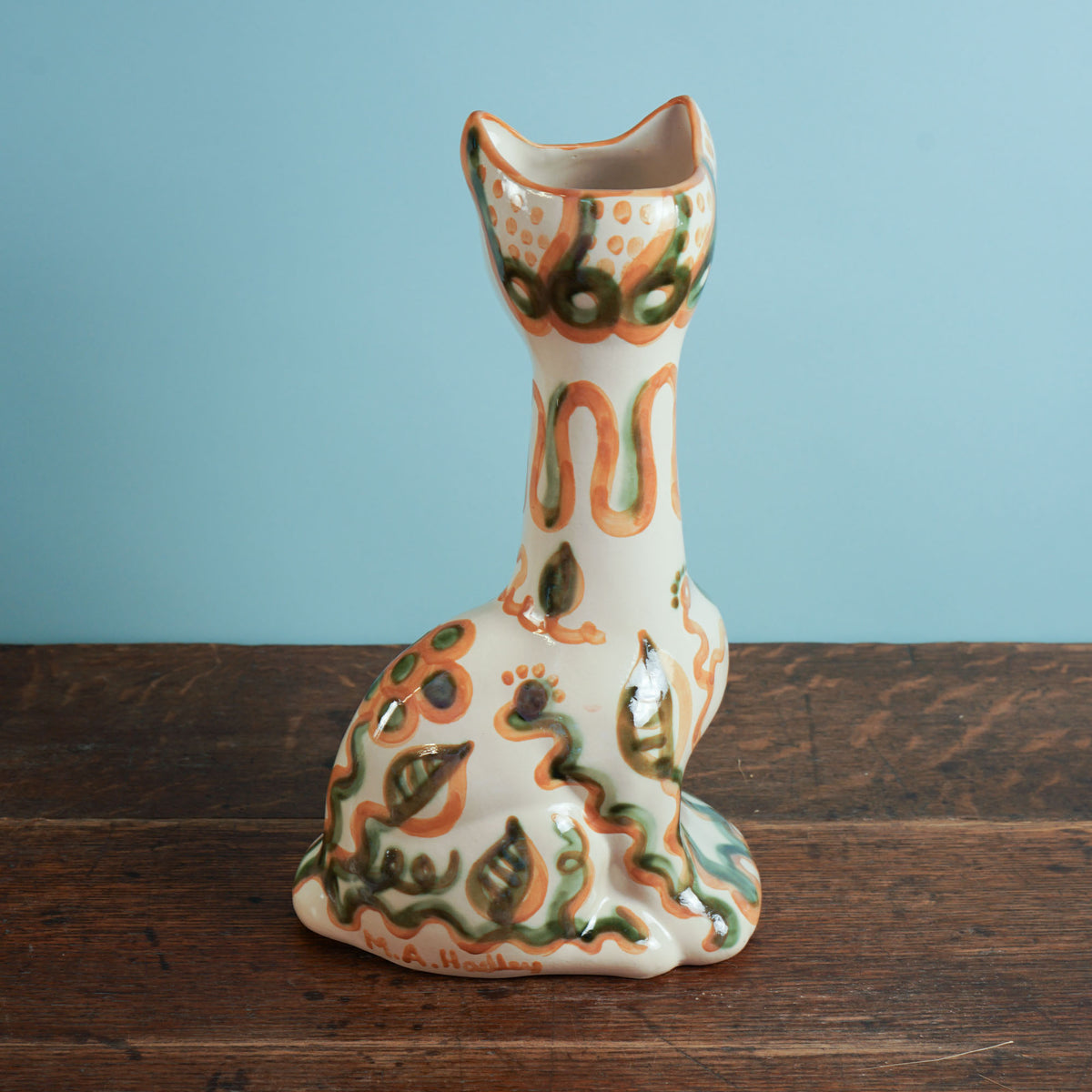 Green & Rust Flower Tall Cat Vase