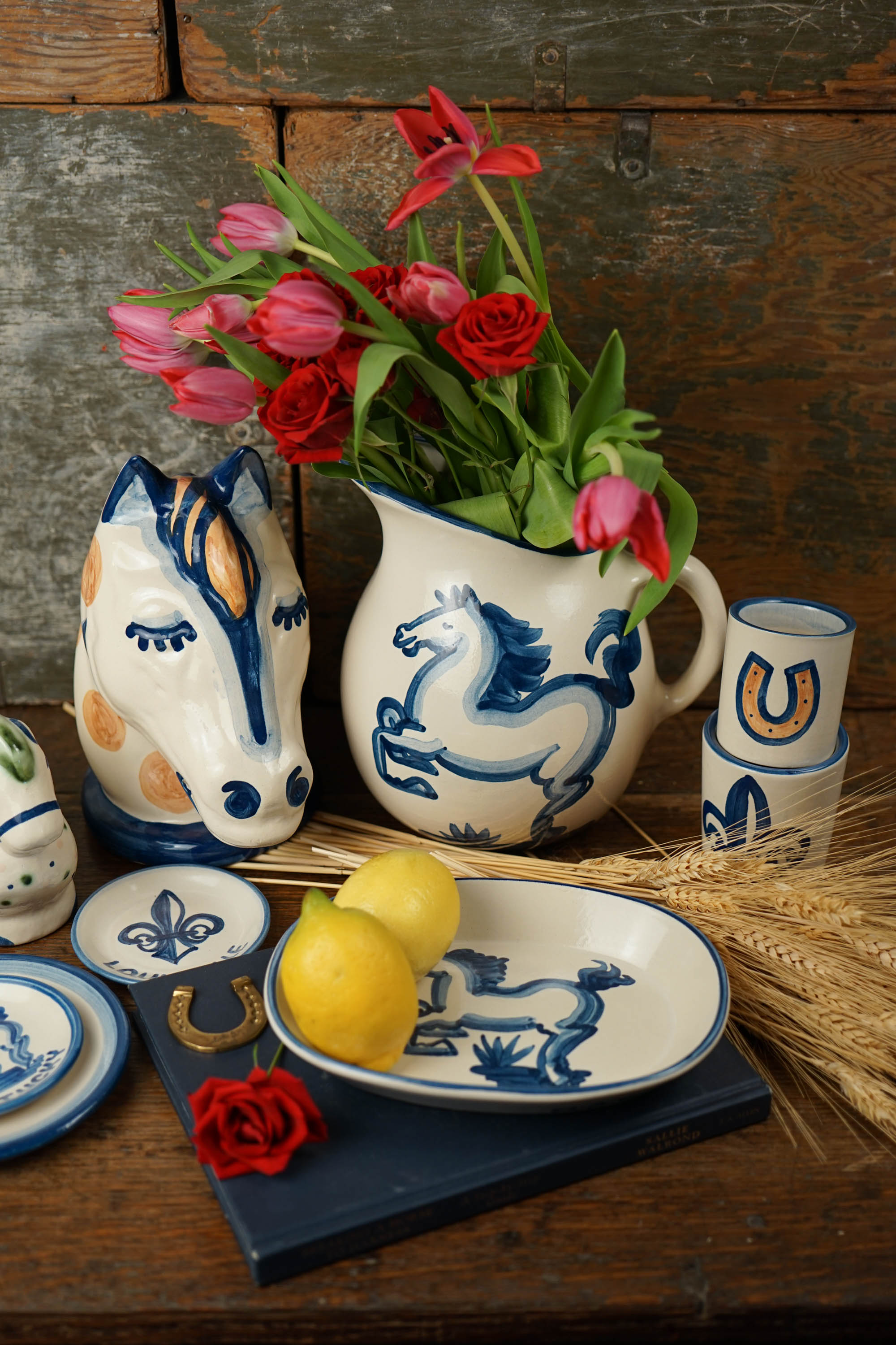 Blue Horse Pot Belly Pitcher