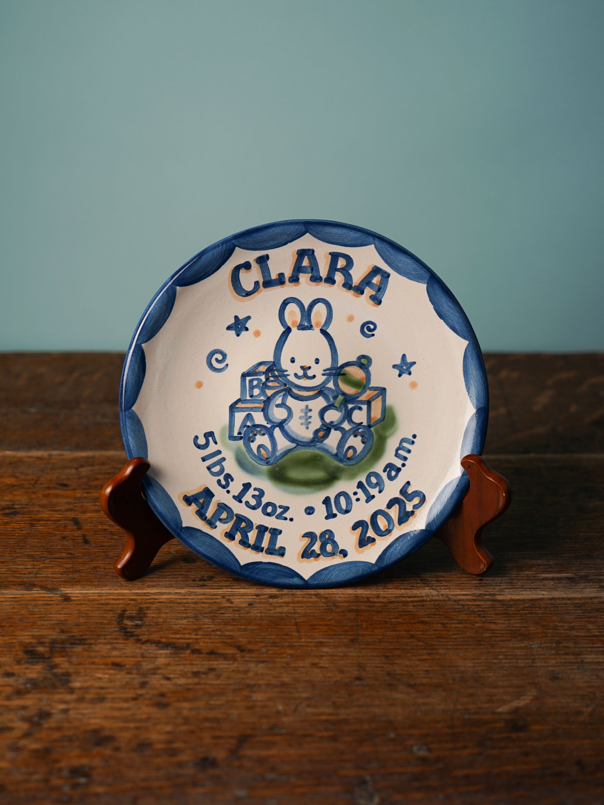 Personalized Birth Plate - Bunny with Blocks