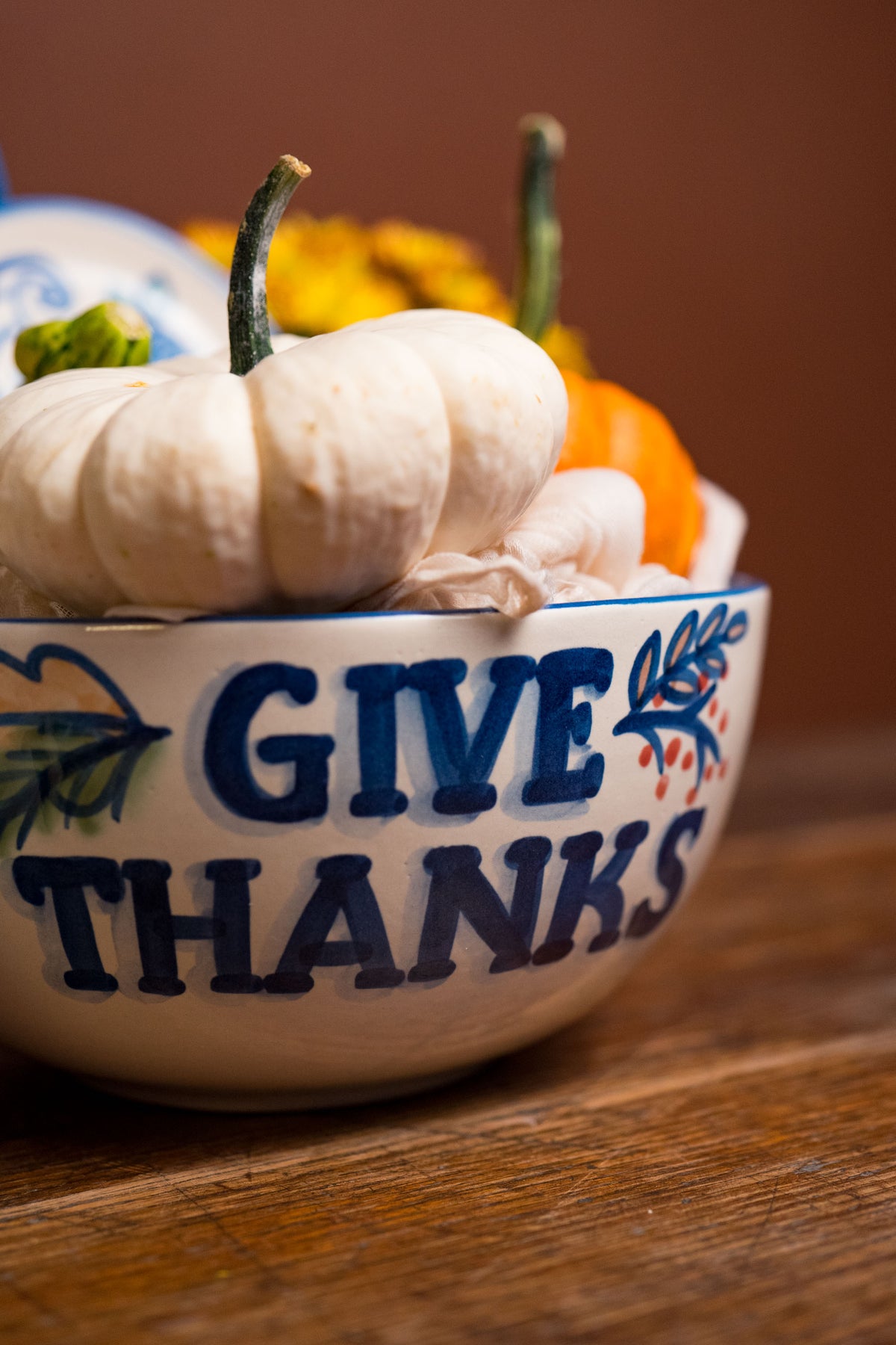Autumnal Flora with "Give Thanks" Serving Bowl