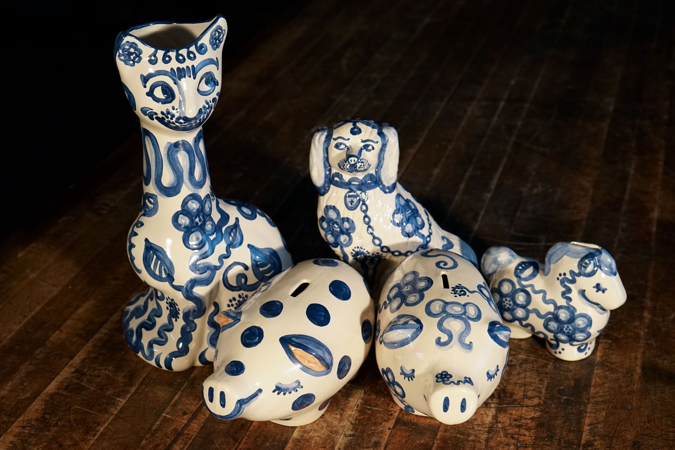 犬の兄弟 陶器 置物 青白 花柄 10体セット 表情違い 犬 ドッグ dog Blue Flower Staffordshire Dog