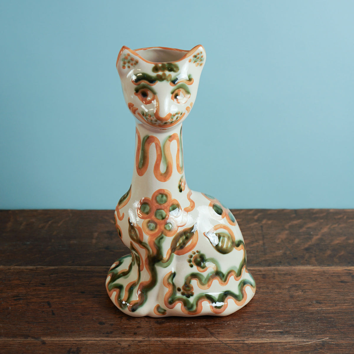 Green & Rust Flower Tall Cat Vase