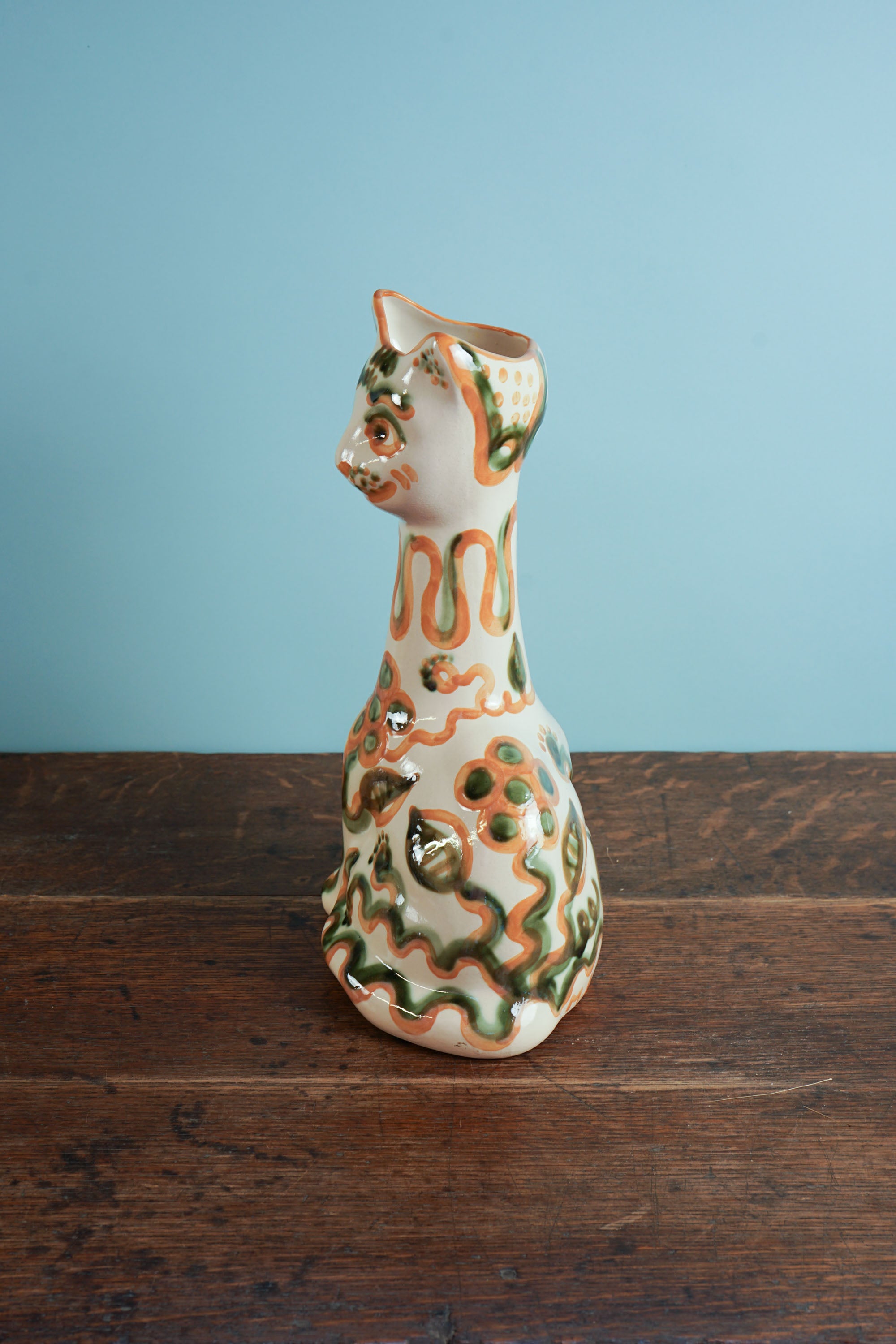 Green & Rust Flower Tall Cat Vase