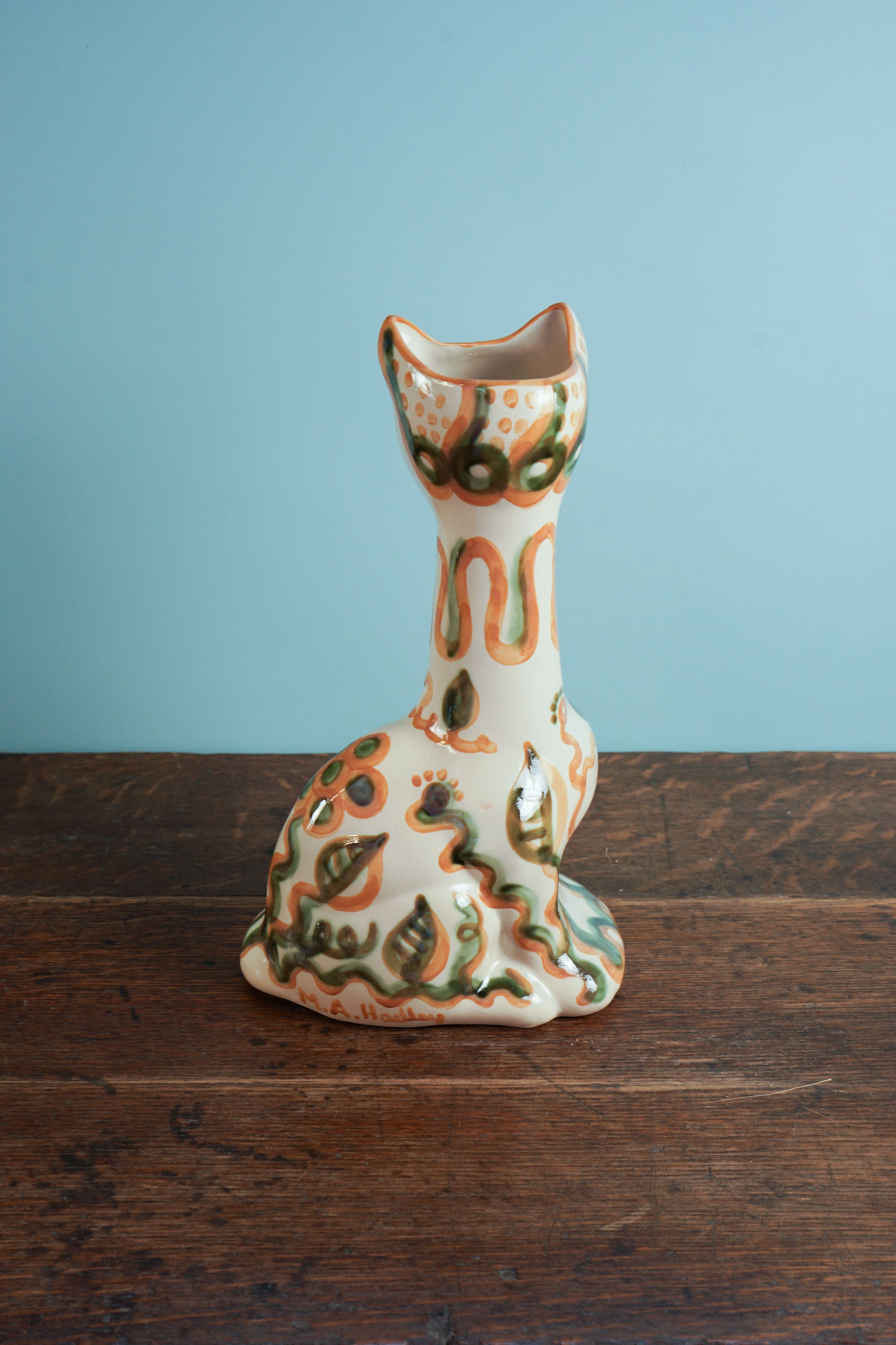 Green & Rust Flower Tall Cat Vase