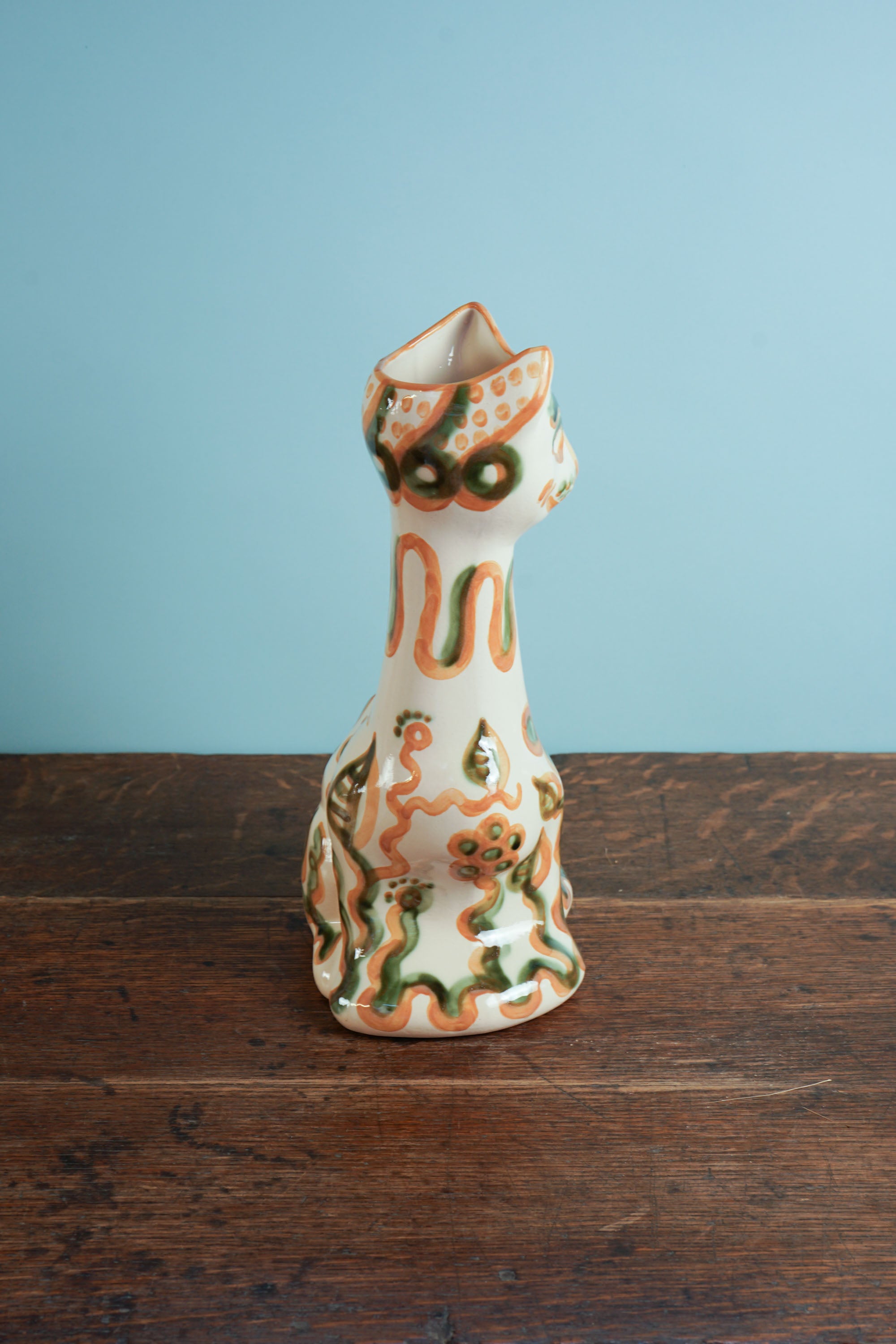 Green & Rust Flower Tall Cat Vase