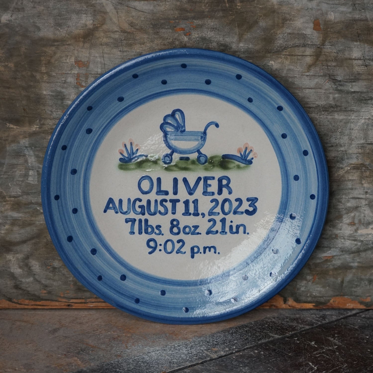 Premium Personalized Birth Plate - Baby Buggy