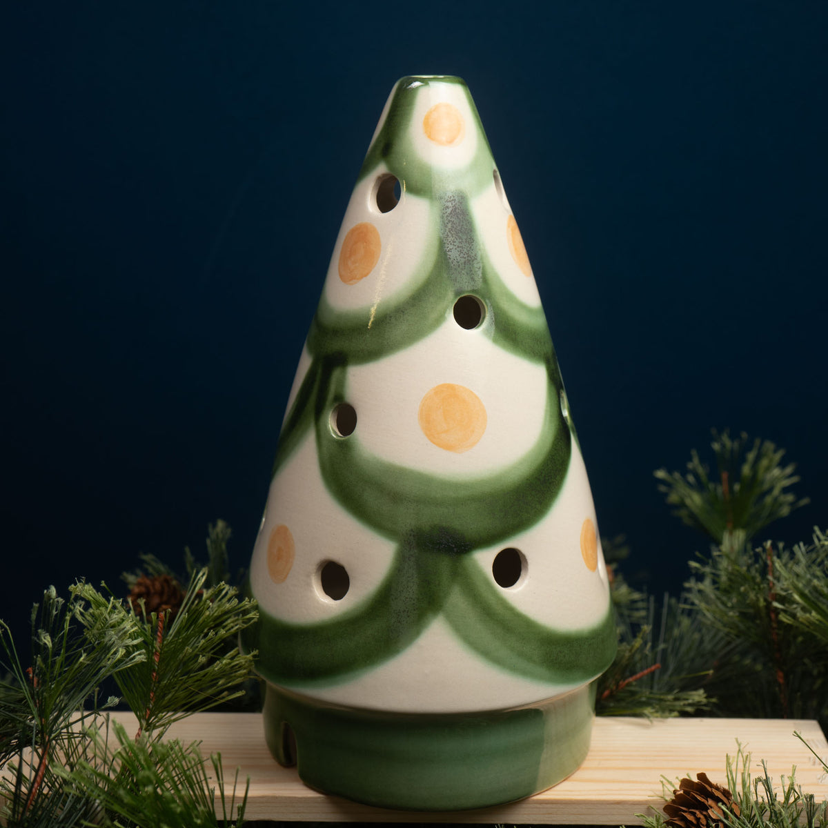 Green & Rust Trimmings Cone Christmas Tree Luminary