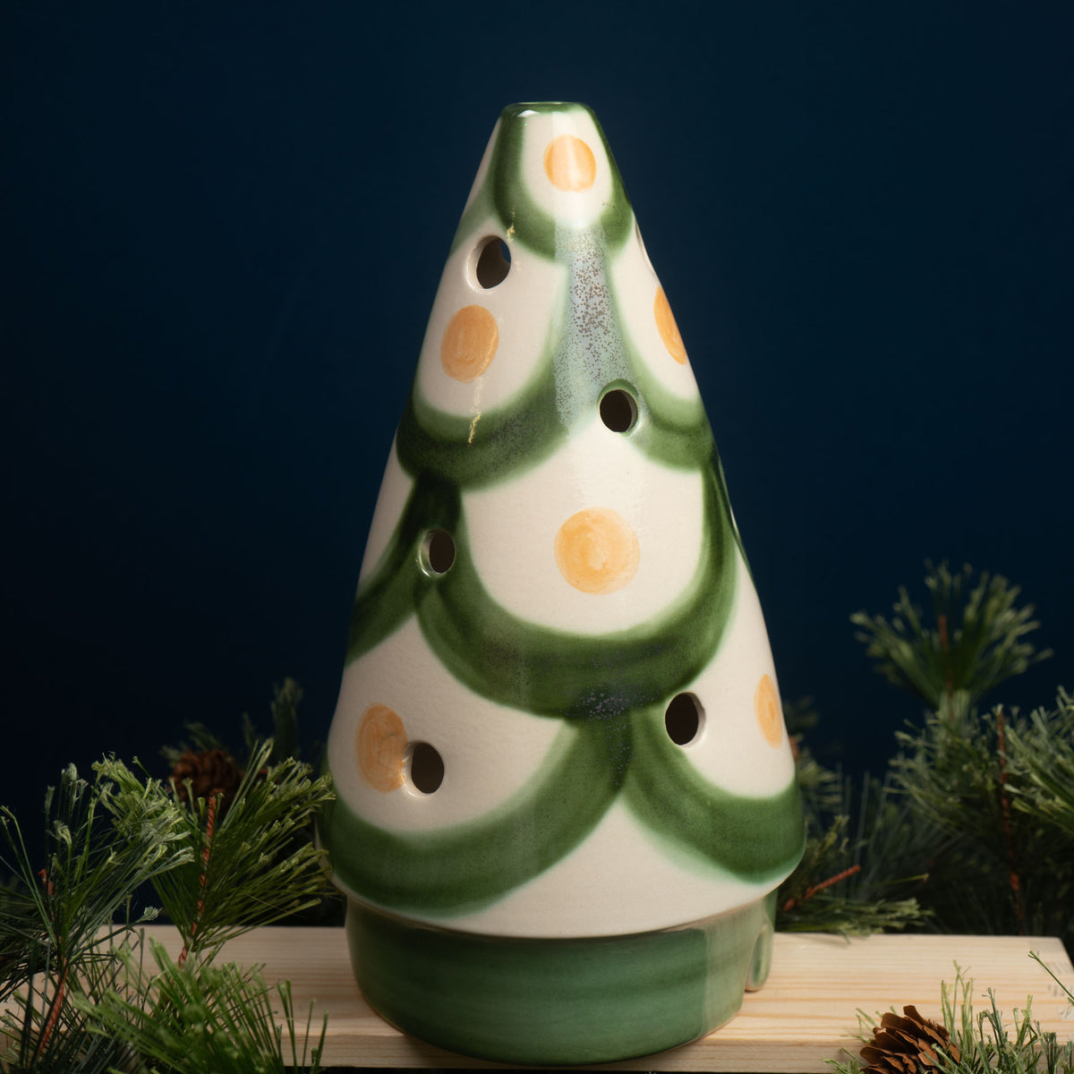 Green & Rust Trimmings Cone Christmas Tree Luminary