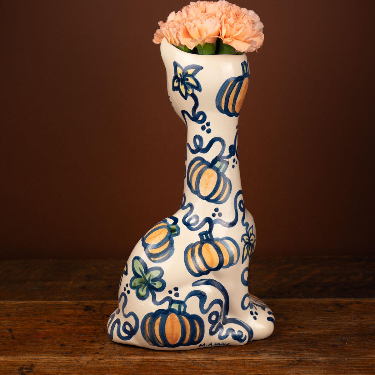 Pumpkin Vine Tall Cat Vase