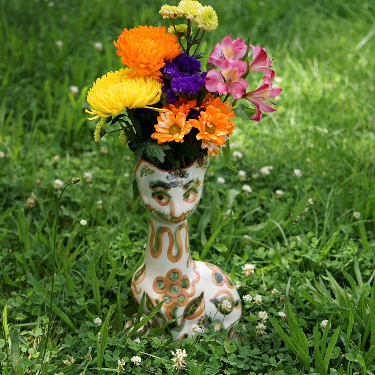 Green & Rust Flower Tall Cat Vase