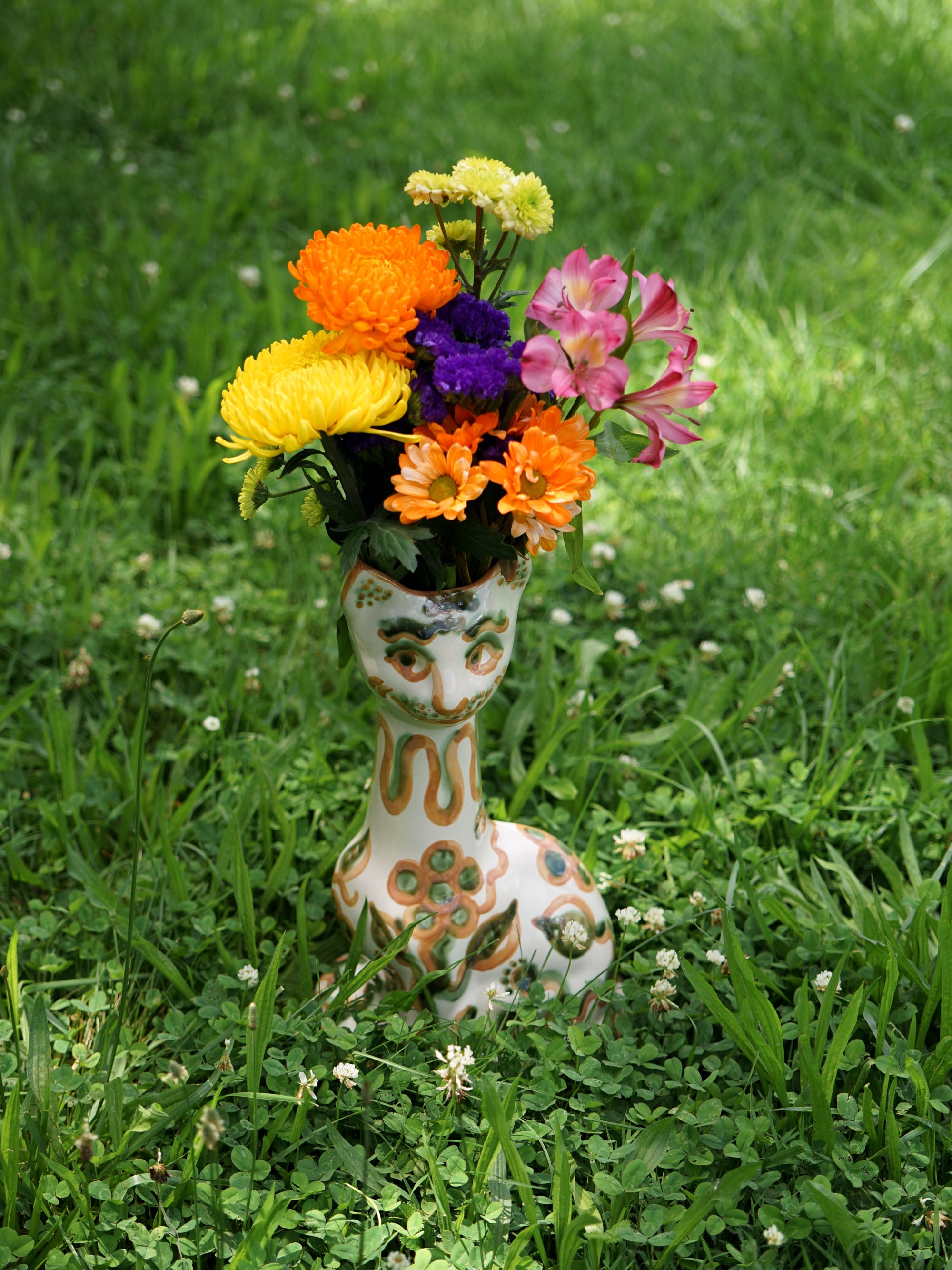 Green & Rust Flower Tall Cat Vase
