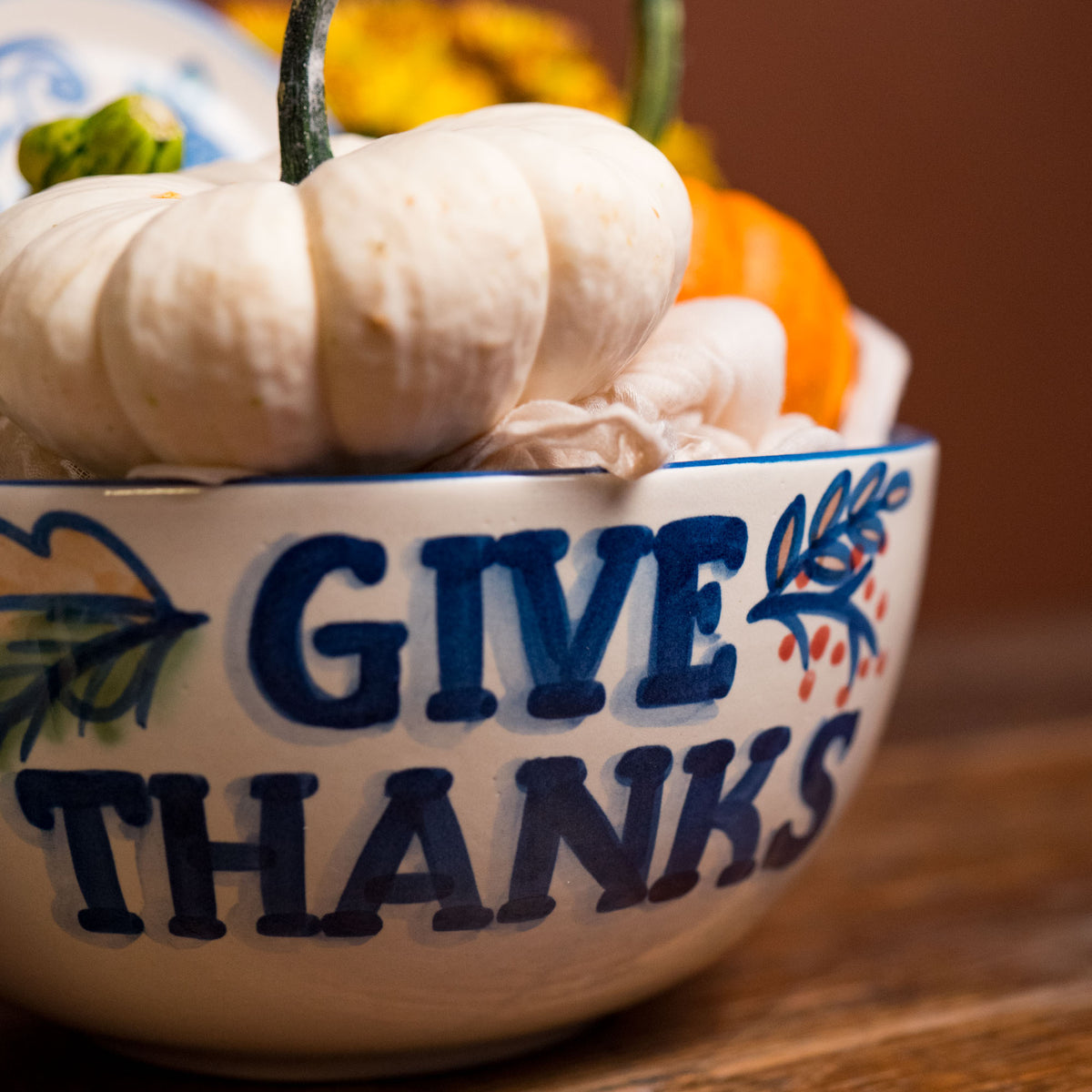 Autumnal Flora with "Give Thanks" Serving Bowl